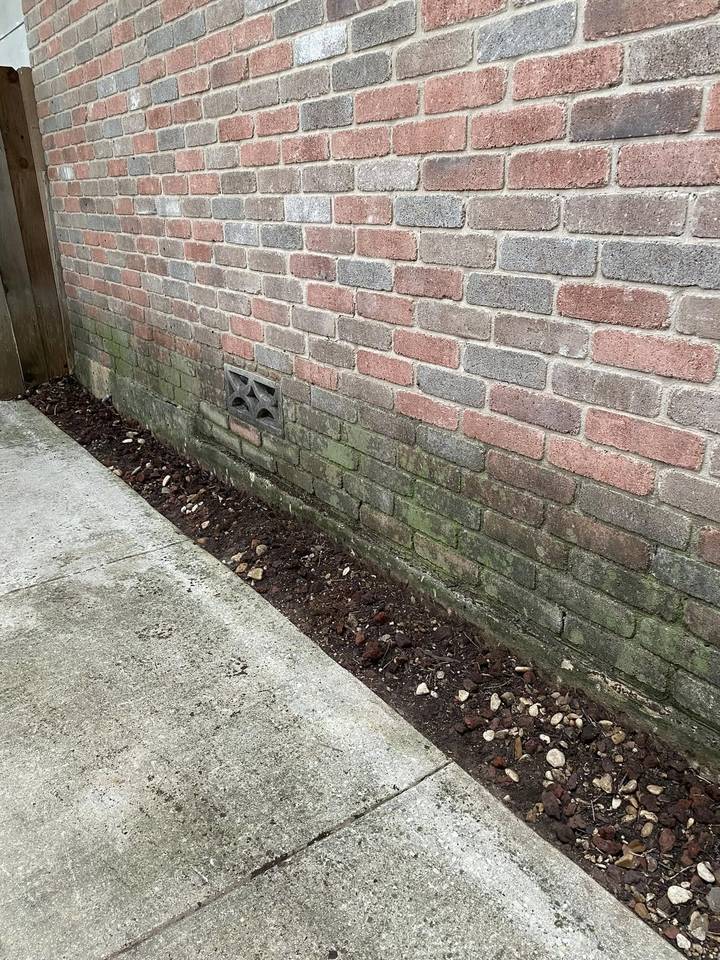 Before pressure washing: brick at grade